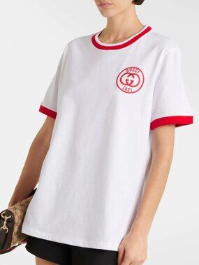 GUCCI T-SHIRT COTTON G LOGO EMBROIDERY SHORT SLEEVE TOP sz M MEDIUM